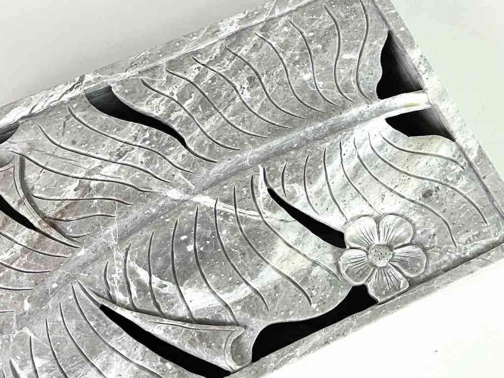 Banana Leaf Relief Carved Unpainted Soapstone Trinket Decor Box