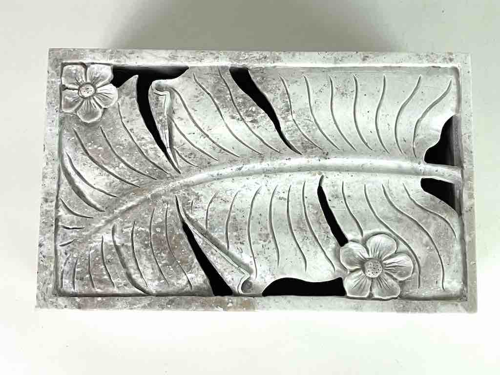 Banana Leaf Relief Carved Unpainted Soapstone Trinket Decor Box