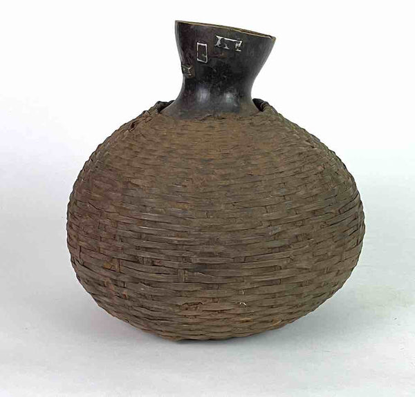 Vintage Tutsi Basket-Weave Covered Gourd Container - Burundi