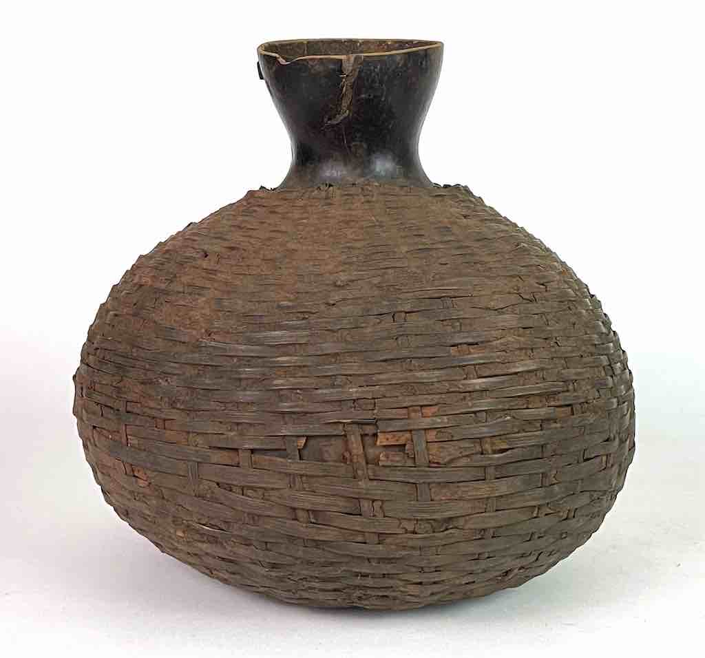 Vintage Tutsi Basket-Weave Covered Gourd Container - Burundi