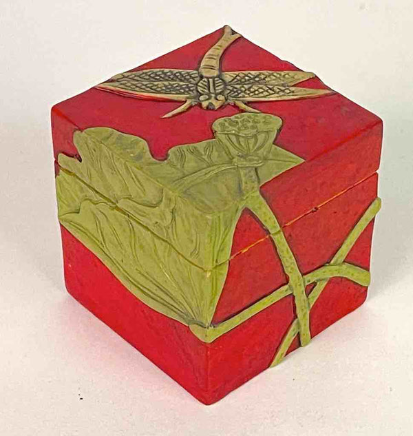 Dragon Fly & Lotus Flower - Red Cube Soapstone Trinket Decor Box