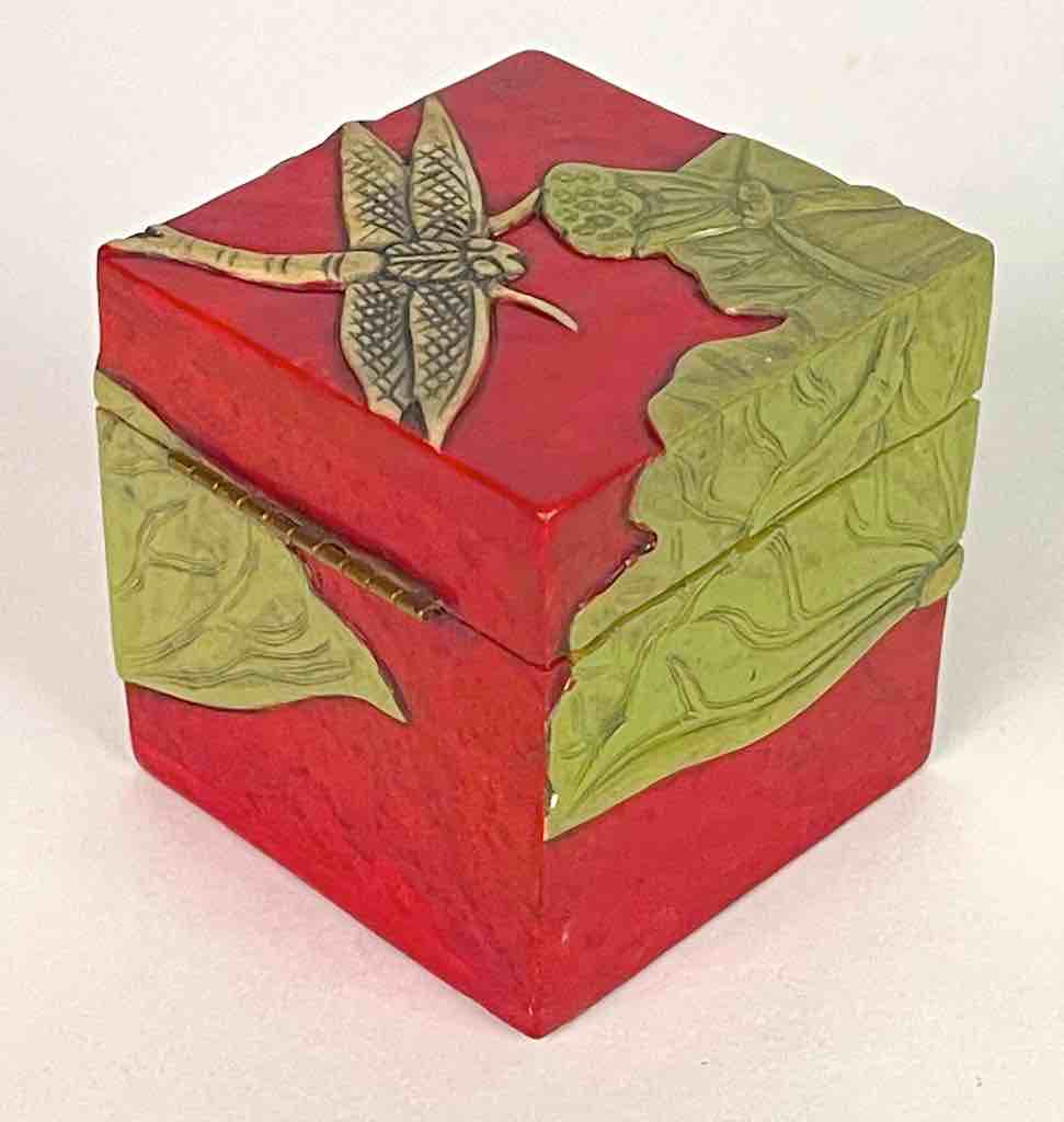 Dragon Fly & Lotus Flower - Red Cube Soapstone Trinket Decor Box