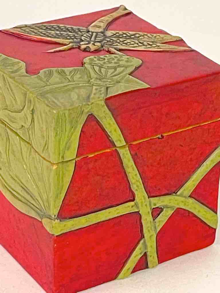 Dragon Fly & Lotus Flower - Red Cube Soapstone Trinket Decor Box