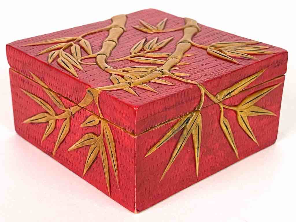 Bamboo Design - Square Red Soapstone Trinket Decor Box