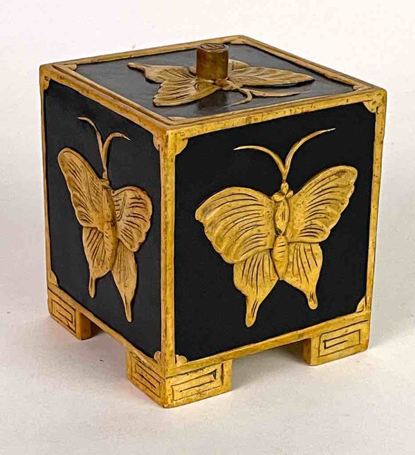 Butterflies Design - Footed Cube Soapstone Trinket Decor Lidded Box