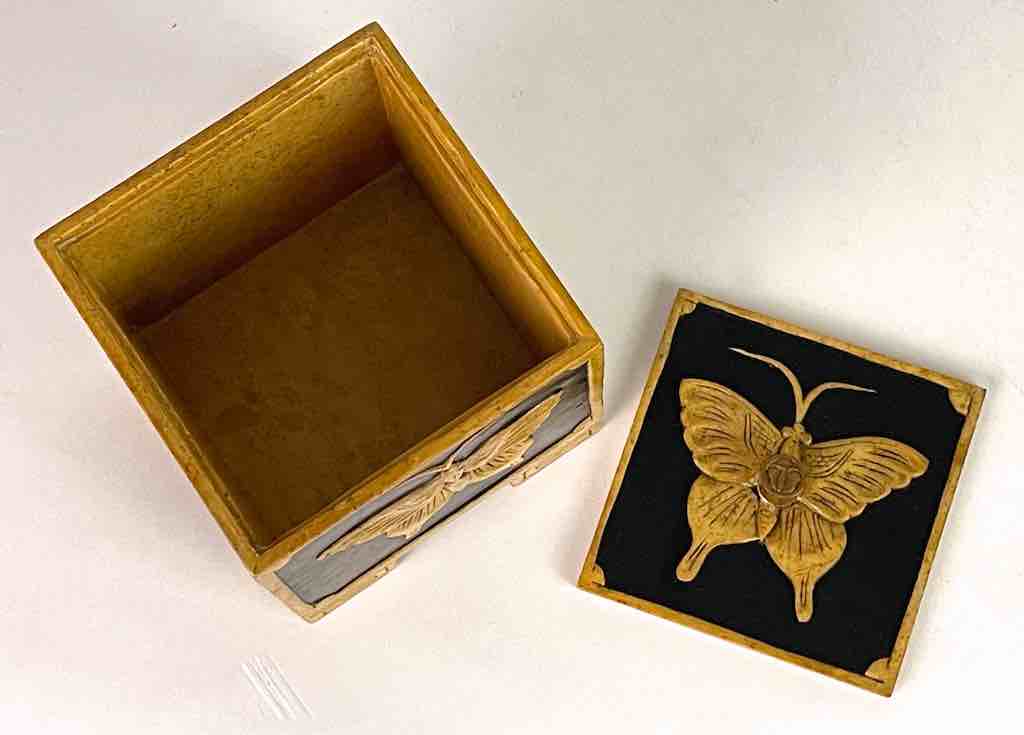 Butterflies Design - Footed Cube Soapstone Trinket Decor Lidded Box