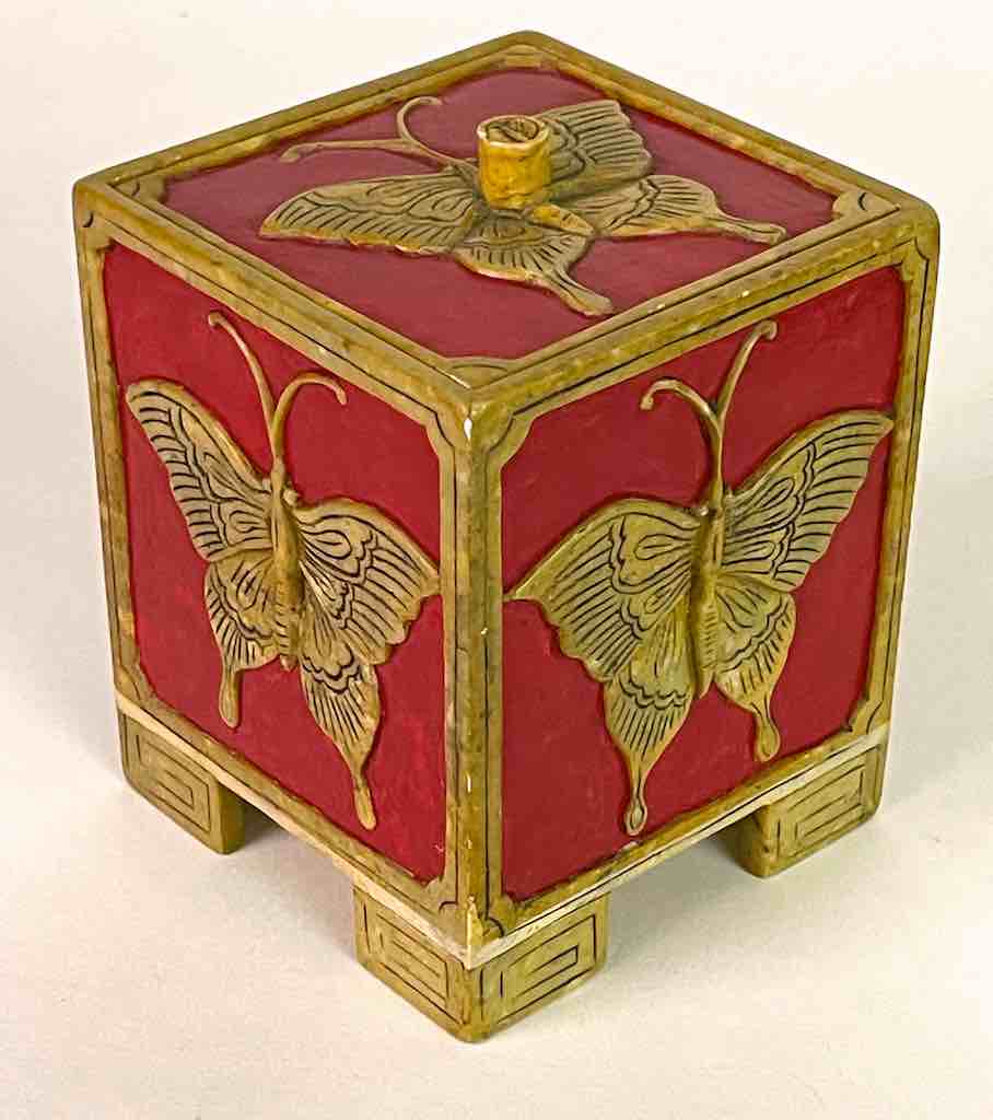 Butterflies Design - Footed Cube Soapstone Trinket Decor Lidded Box