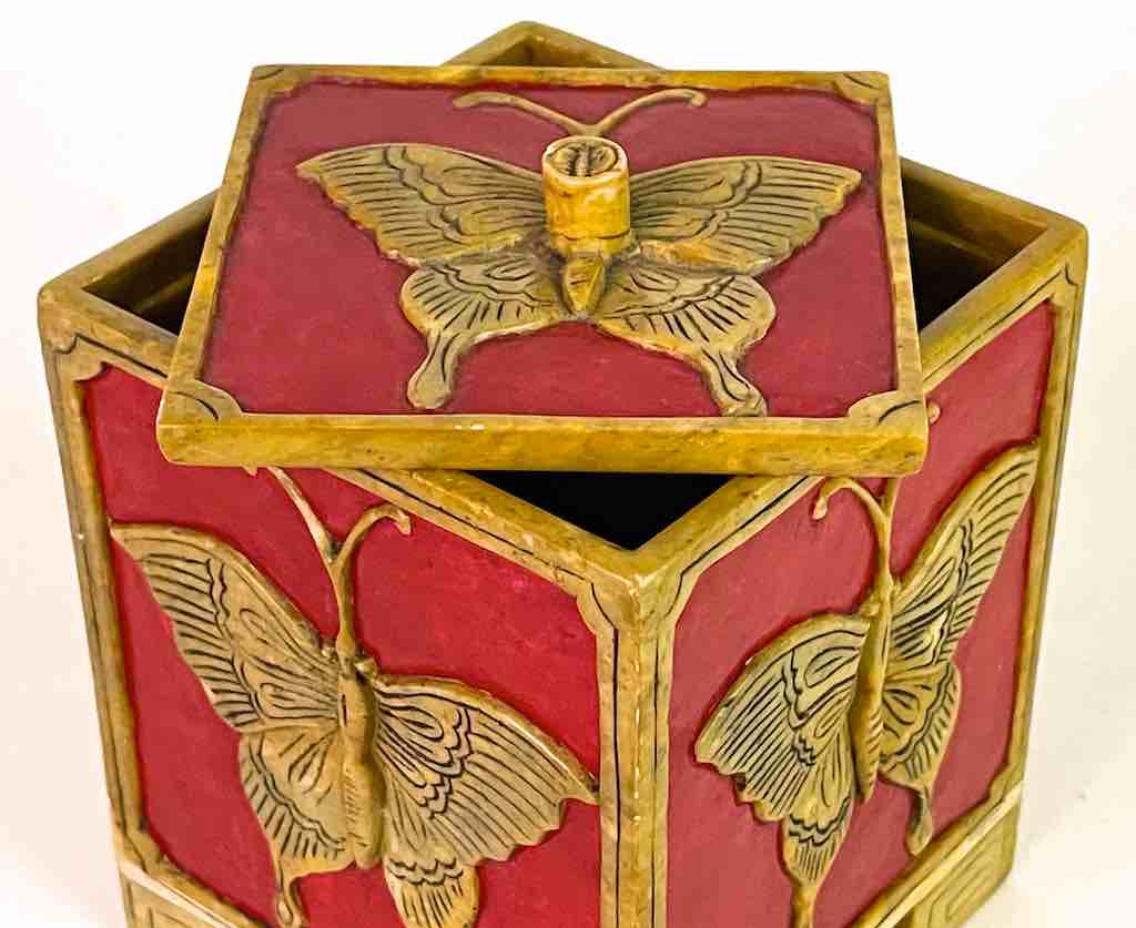 Butterflies Design - Footed Cube Soapstone Trinket Decor Lidded Box