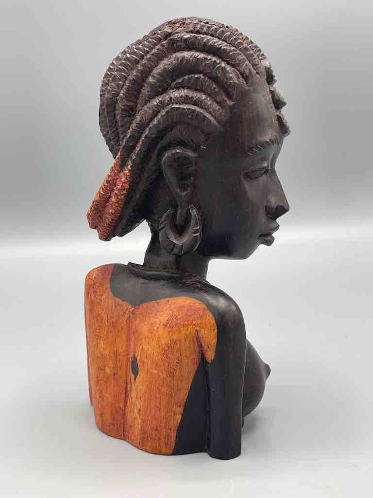 Ebony Carved Wood Fulani African Woman Head - Guinea