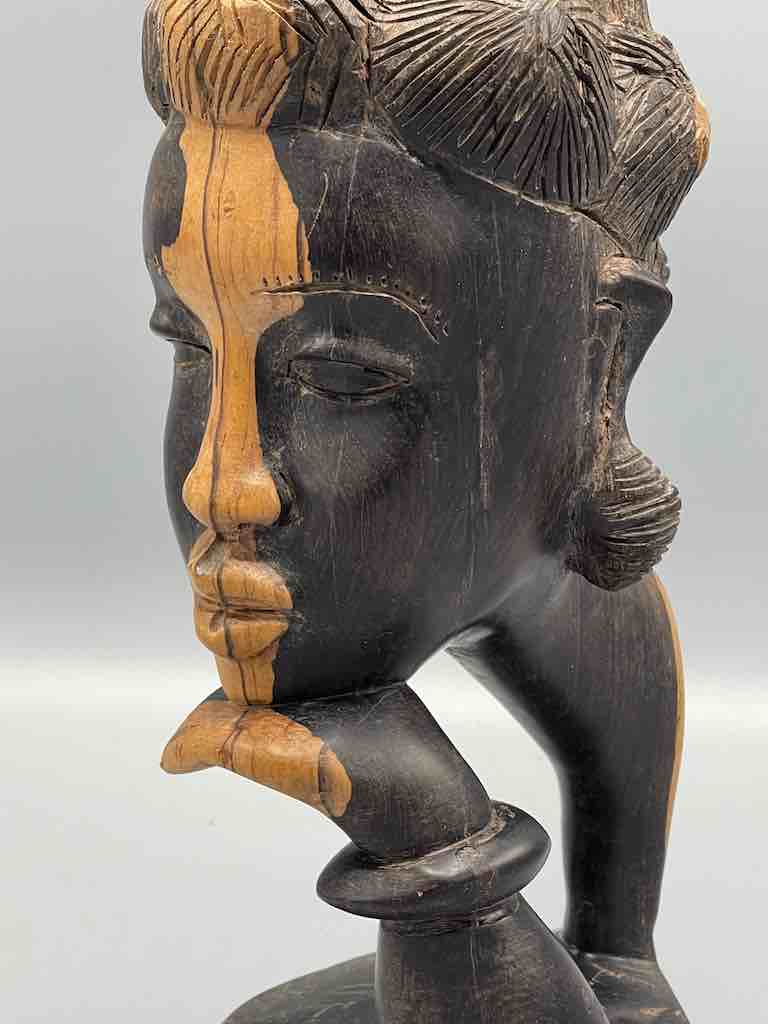 Ebony Carved Wood Fulani African Woman Head - Guinea