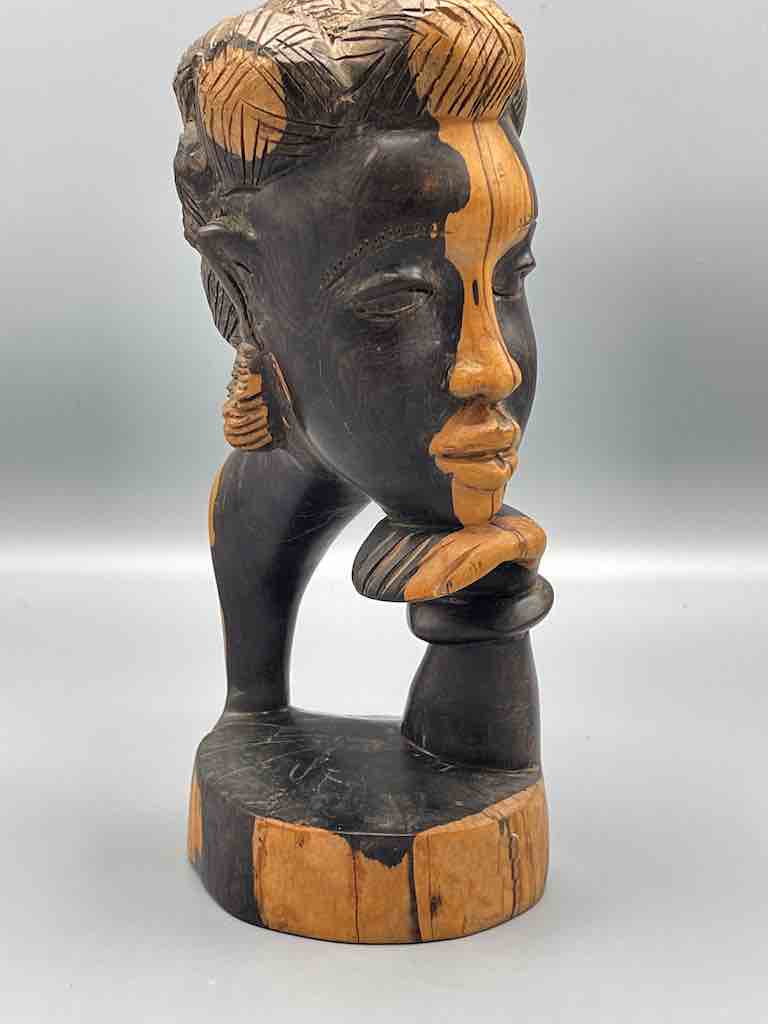 Ebony Carved Wood Fulani African Woman Head - Guinea