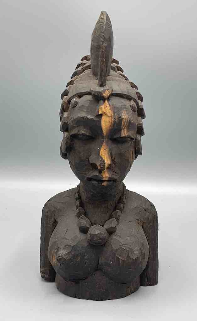 Unpolished Ebony Carved Wood Fulani African Woman Head - Guinea