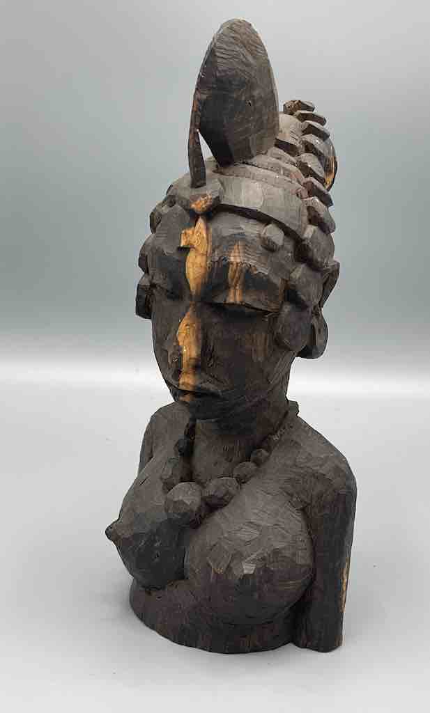 Unpolished Ebony Carved Wood Fulani African Woman Head - Guinea