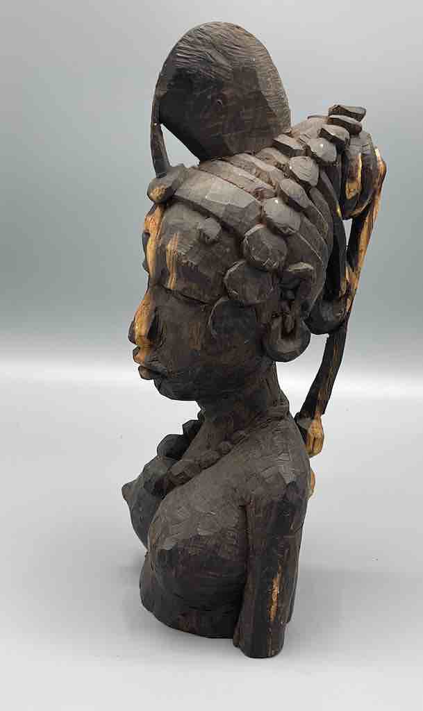 Unpolished Ebony Carved Wood Fulani African Woman Head - Guinea