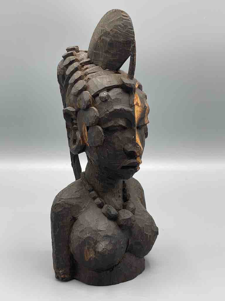 Unpolished Ebony Carved Wood Fulani African Woman Head - Guinea