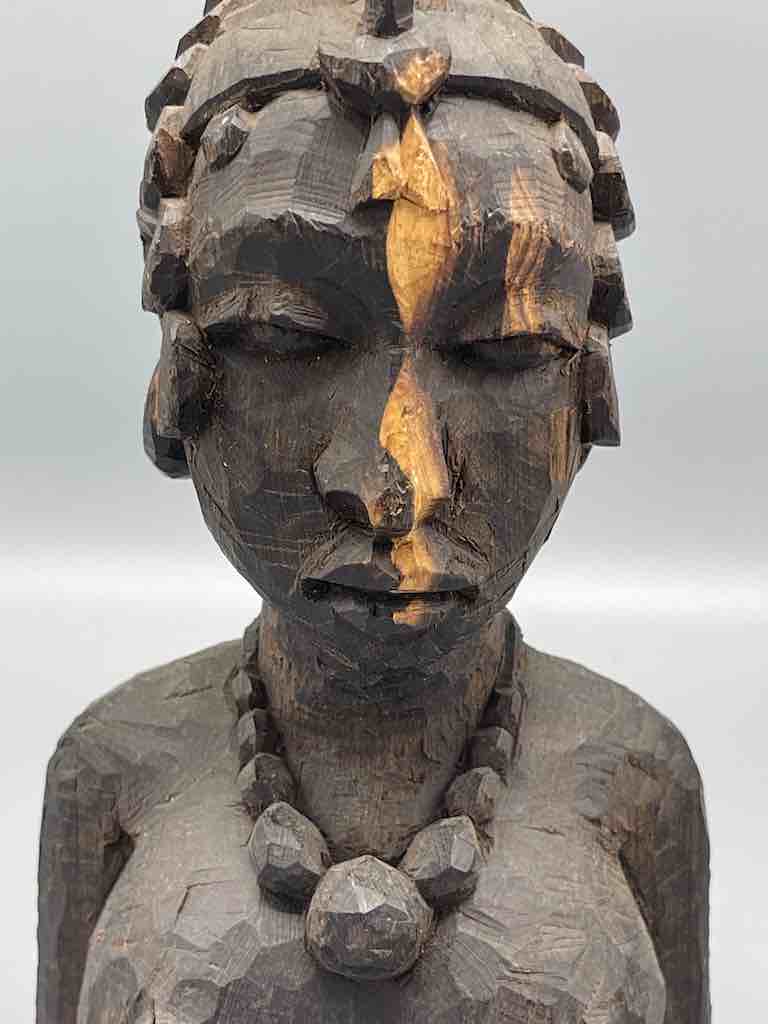 Unpolished Ebony Carved Wood Fulani African Woman Head - Guinea