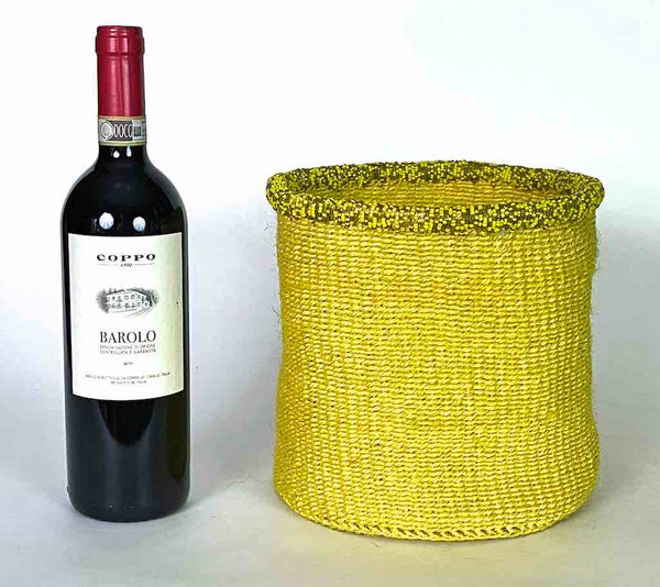 Yellow & Gold Bead Rim Deep Yellow Sisal Cylinder Basket - Kenya