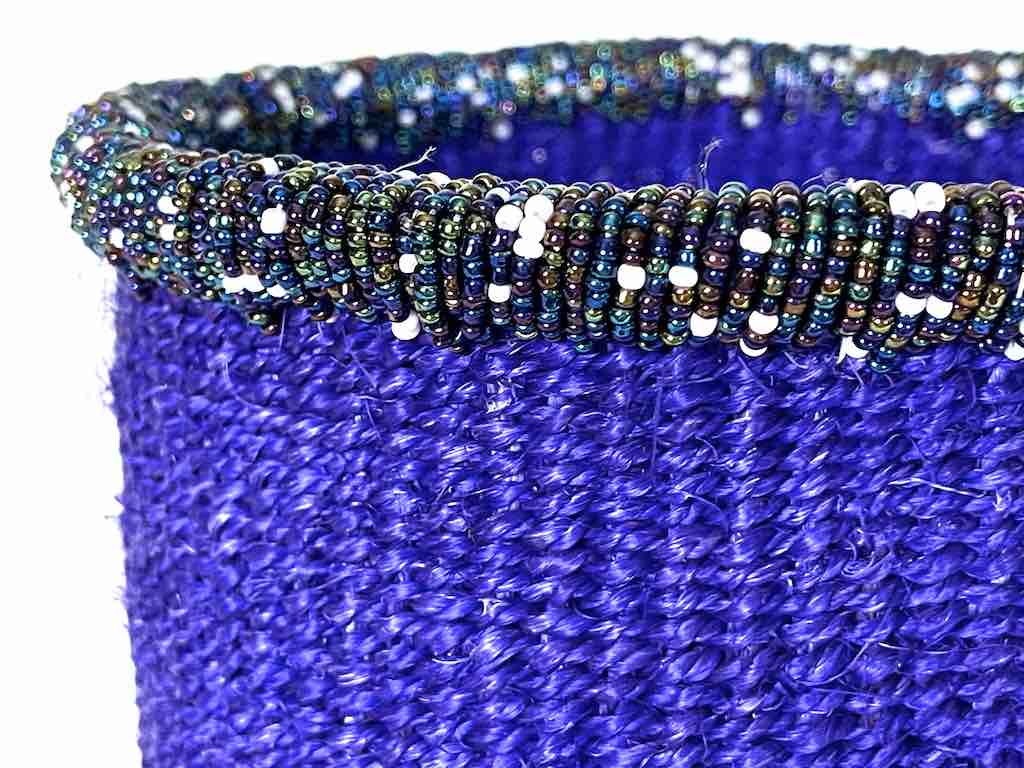 Colorful Bead Rim Deep Purple Sisal Cylinder Basket - Kenya