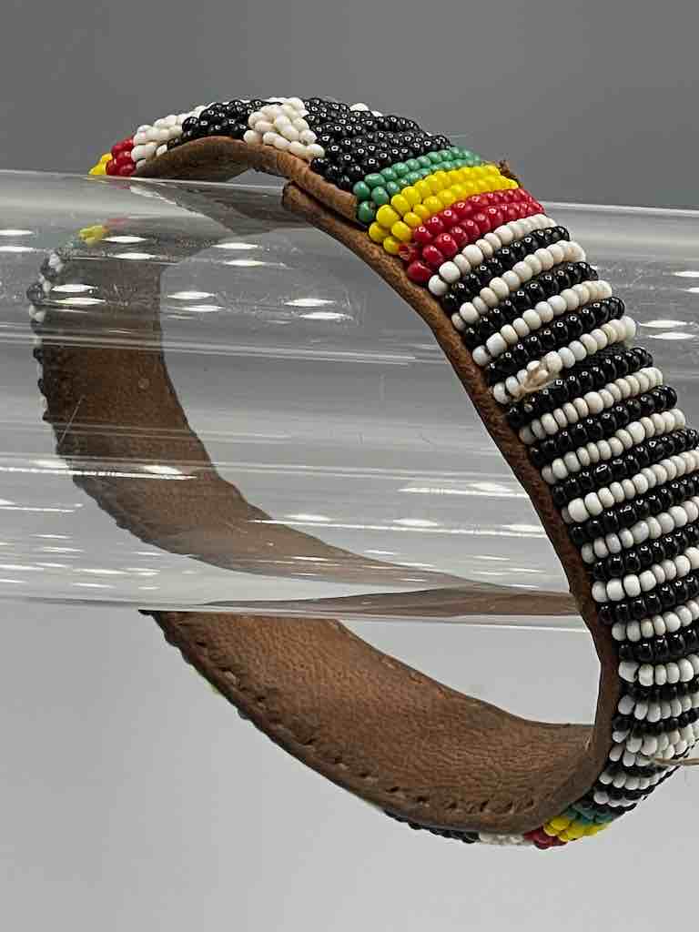 Older Traditional Design Wide Black Beaded Leather Bracelet - Mali