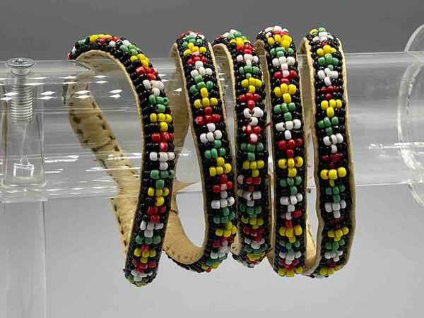 Rasta Design Narrow Black Beaded Leather Bracelet - Mali