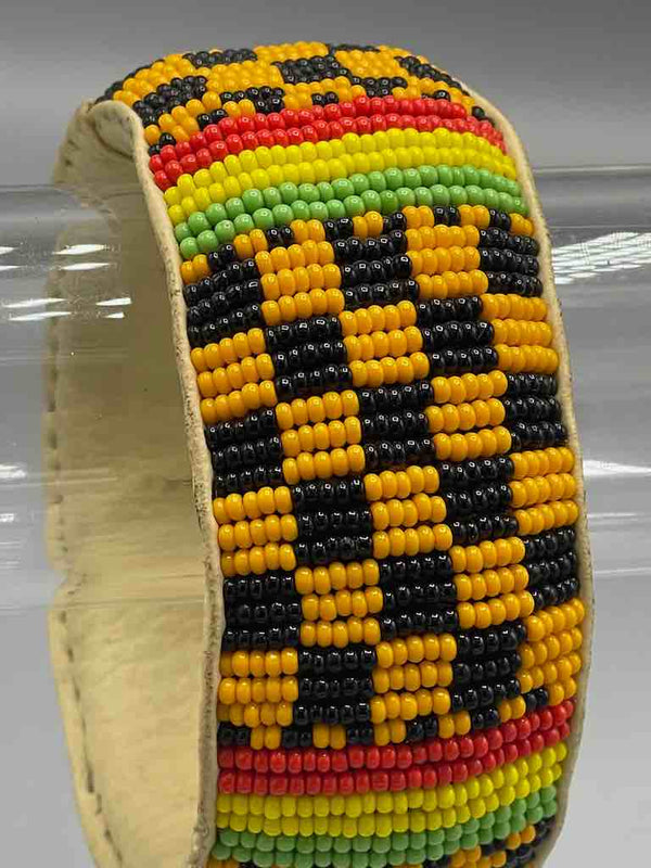Checkerboard Design Wide Beaded Leather Bracelet - Mali