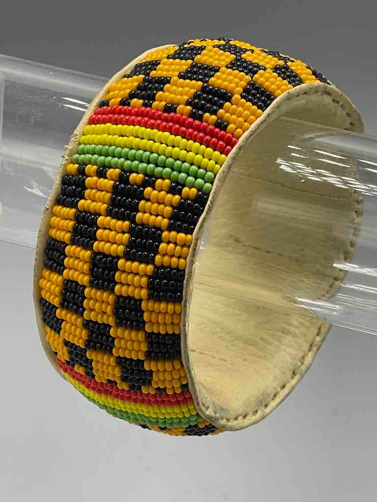 Checkerboard Design Wide Beaded Leather Bracelet - Mali