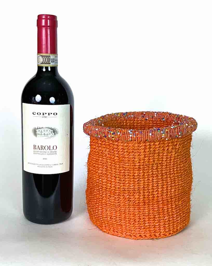 Colorful Bead Rim Deep Orange Sisal Cylinder Basket - Kenya