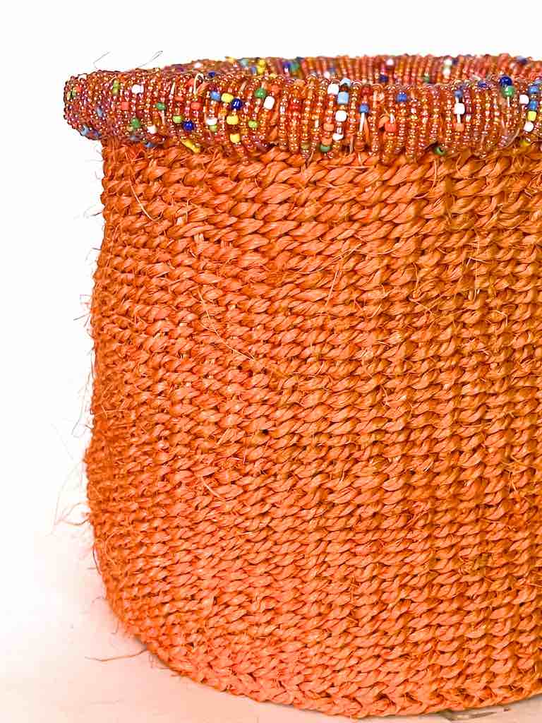 Colorful Bead Rim Deep Orange Sisal Cylinder Basket - Kenya