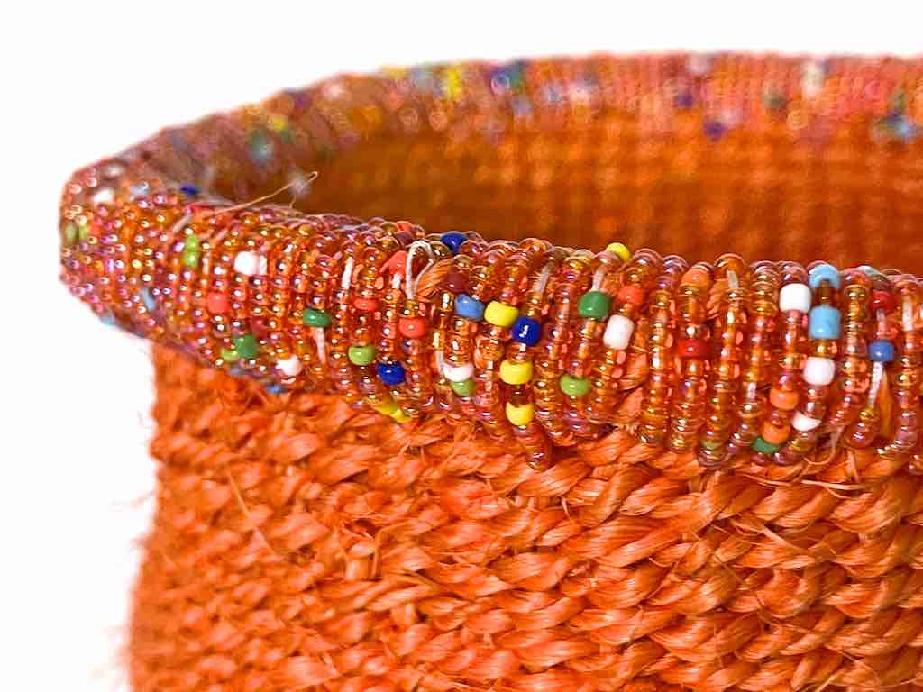 Colorful Bead Rim Deep Orange Sisal Cylinder Basket - Kenya