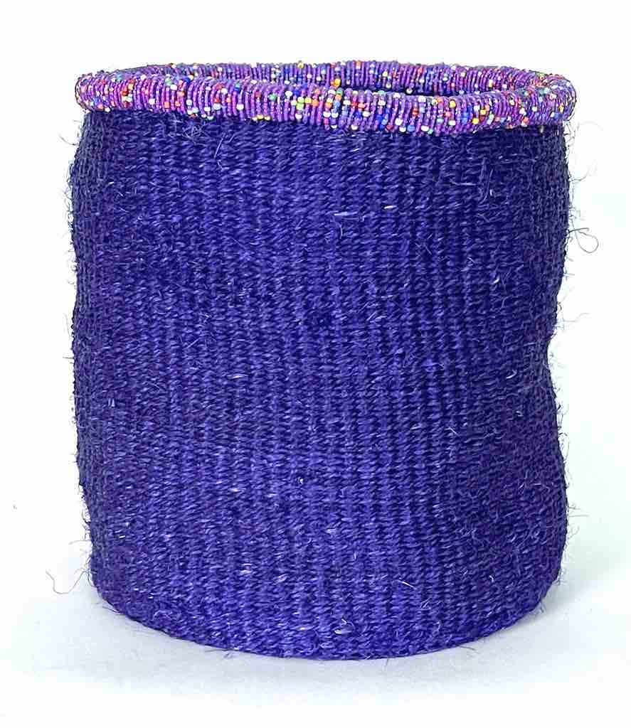 Colorful Bead Rim Deep Purple Sisal Cylinder Basket - Kenya