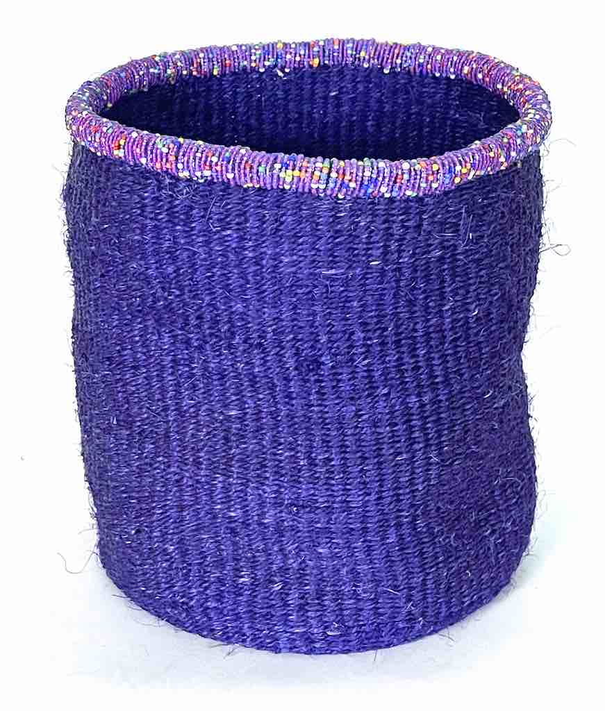 Colorful Bead Rim Deep Purple Sisal Cylinder Basket - Kenya