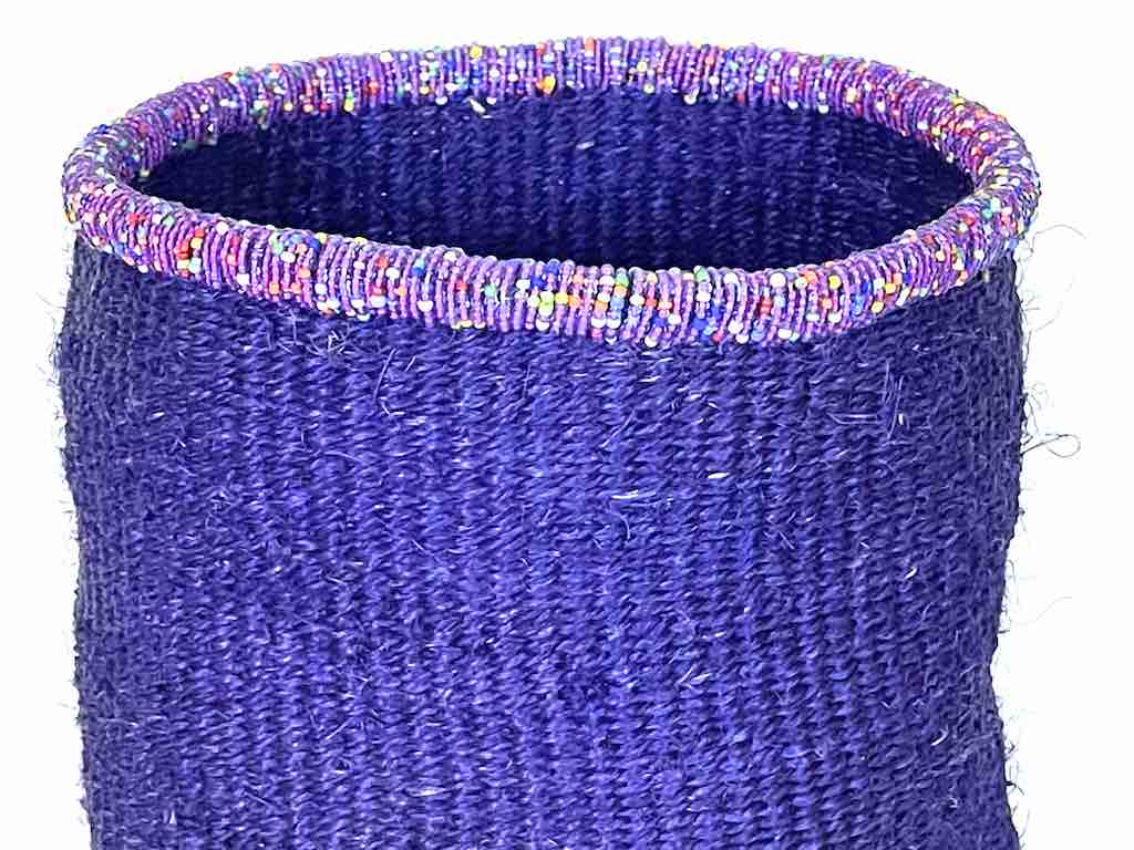 Colorful Bead Rim Deep Purple Sisal Cylinder Basket - Kenya