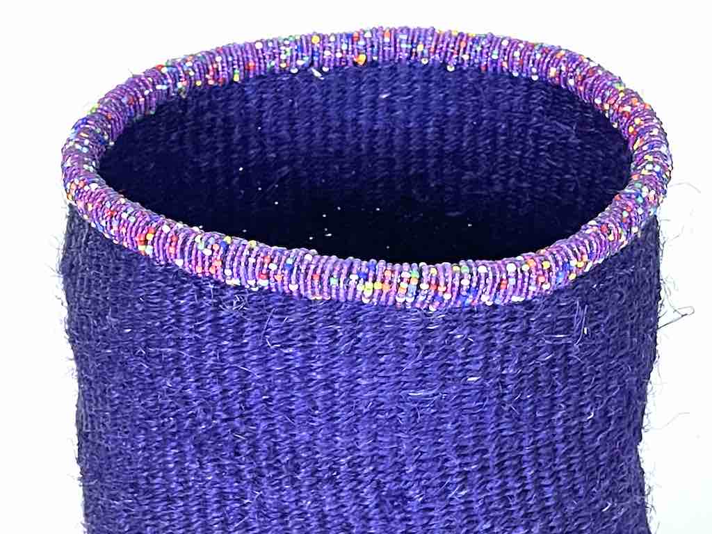 Colorful Bead Rim Deep Purple Sisal Cylinder Basket - Kenya