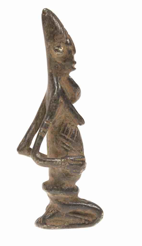 Vintage Dogon Brass Kneeling Woman with Goiter Figure - Mali