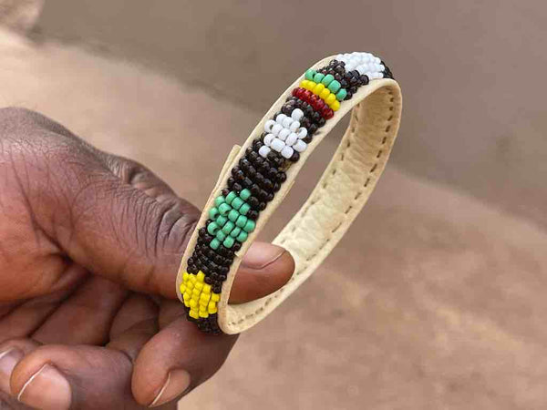 Diamonds Design Narrow Black Beaded Leather Bracelet - Mali