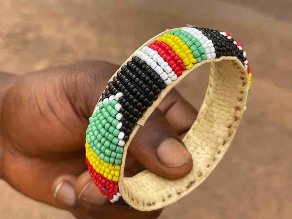 Traditional Design Wide Black Beaded Leather Bracelet - Mali