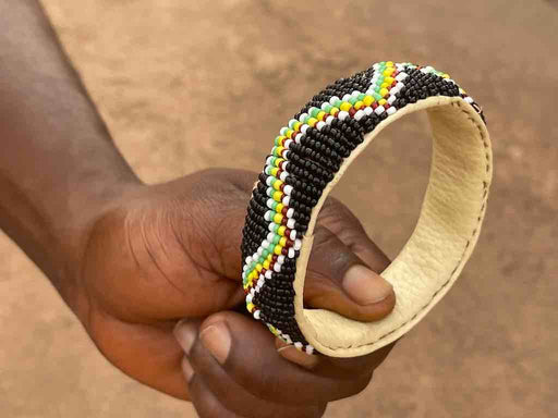 Zig Zag Design Wide Black Beaded Leather Bracelet - Mali