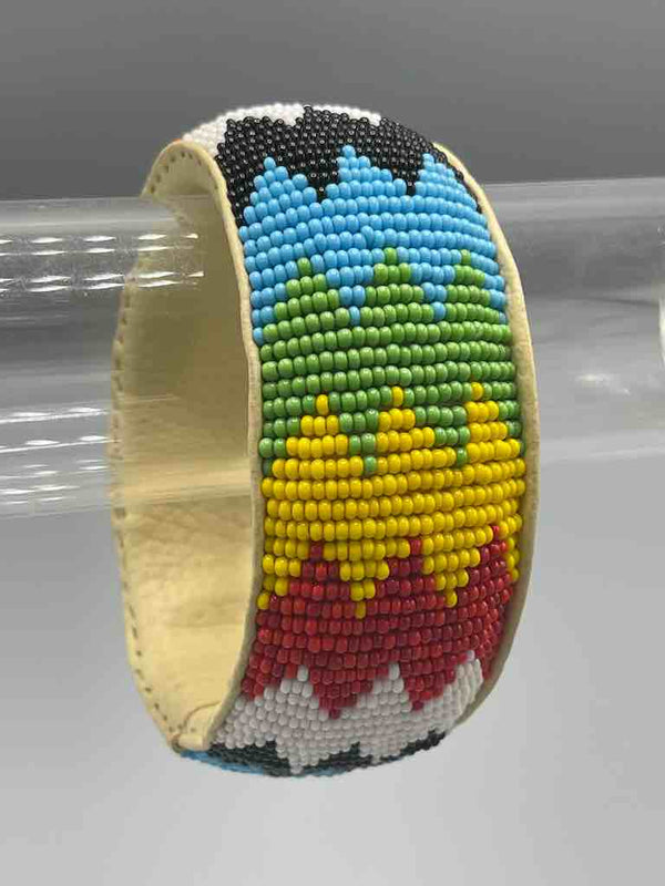 Multicolor Chevron Design Wide Beaded Leather Bracelet - Mali
