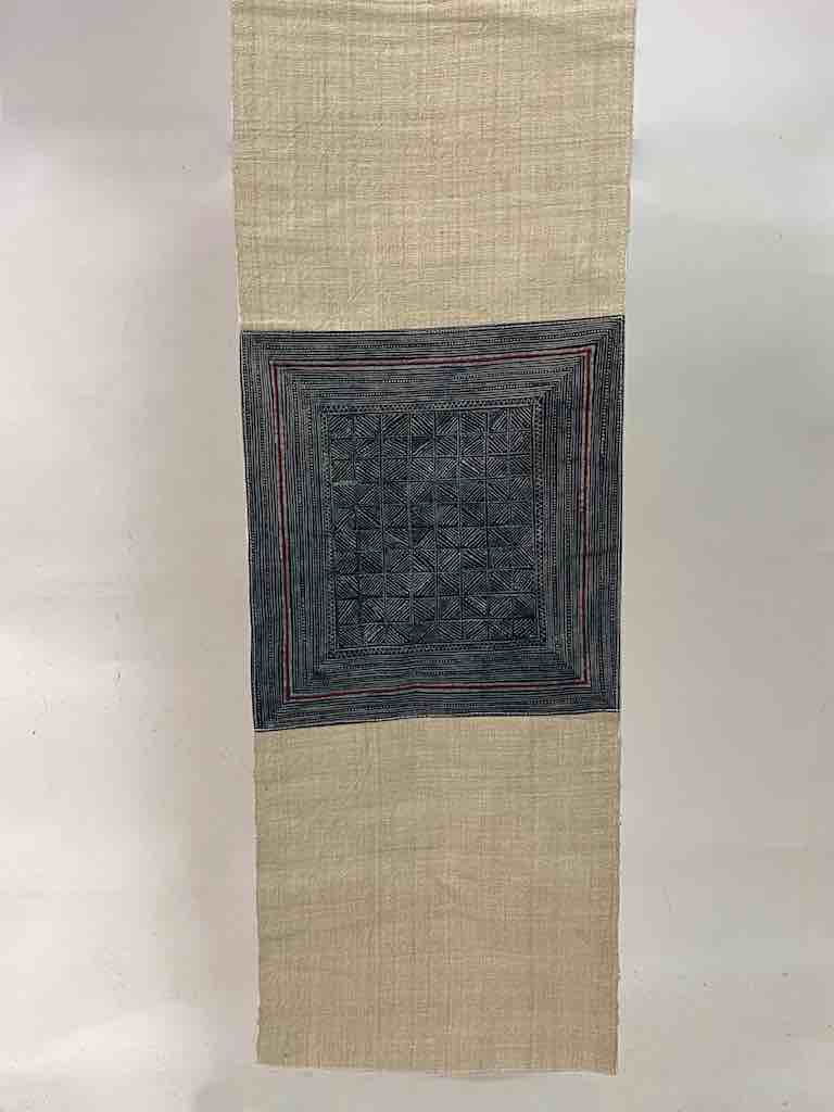 Linen Table Runner with Vintage Hmong Tribal Vietnamese Cloth