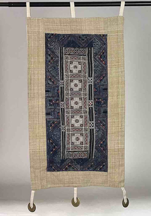 Linen Decorative Wall Hanging with Vintage Hmong Tribal Vietnamese Cloth