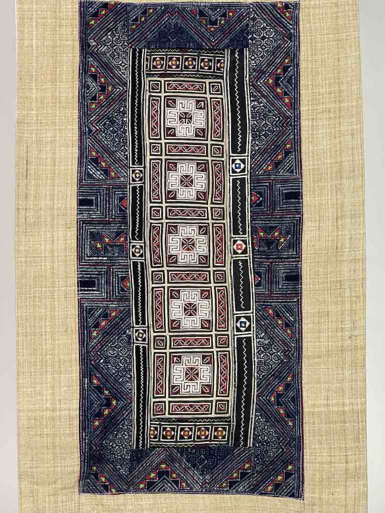 Linen Decorative Wall Hanging with Vintage Hmong Tribal Vietnamese Cloth