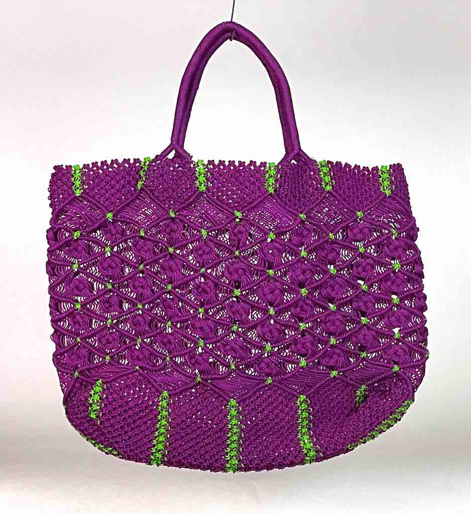 Large Colorful Handwoven Plastic Handbag - Purple with Lime Green
