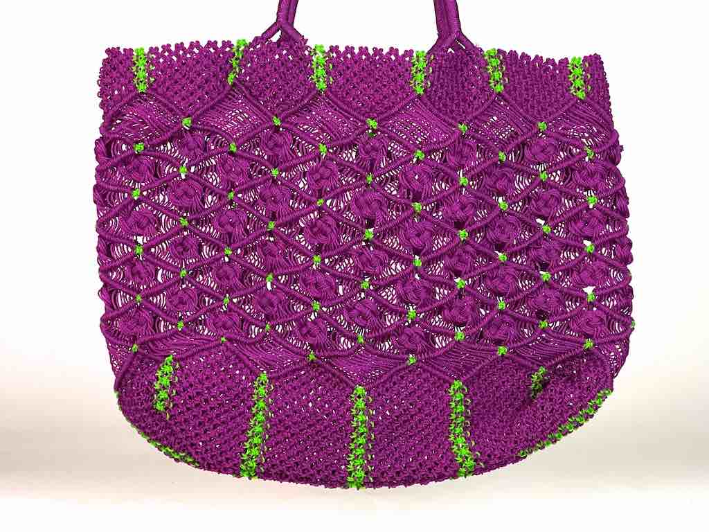 Large Colorful Handwoven Plastic Handbag - Purple with Lime Green