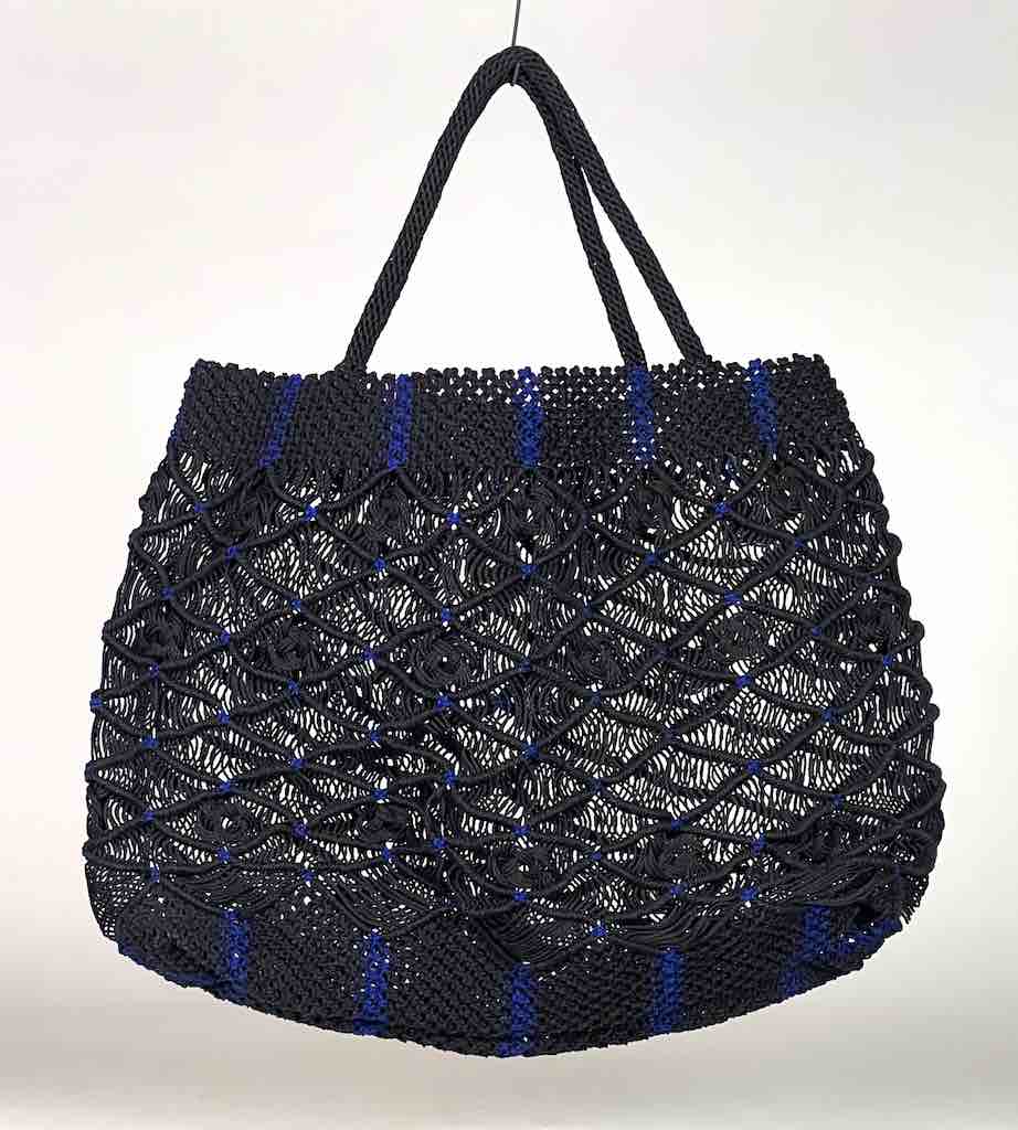 Large Colorful Handwoven Plastic Handbag - Black with Blue