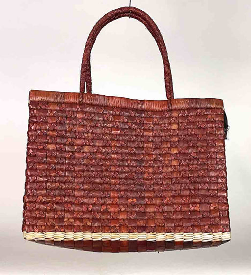 Handwoven Pandan Straw Handbag with Zipper Closure - Rust Color