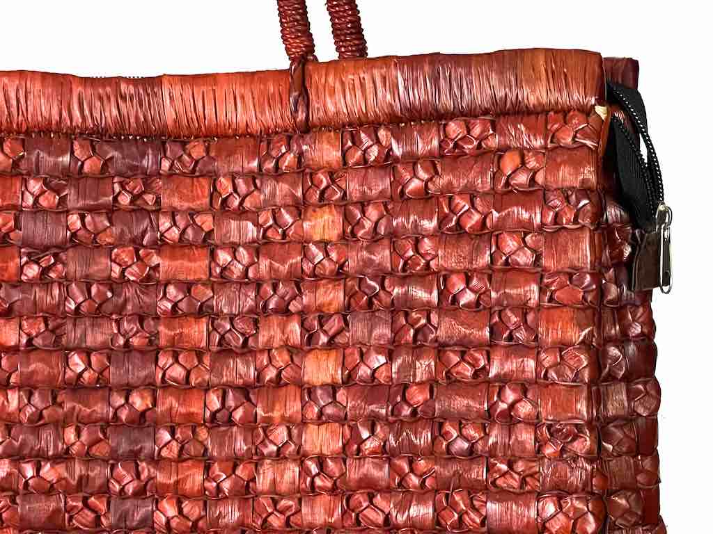 Handwoven Pandan Straw Handbag with Zipper Closure - Rust Color