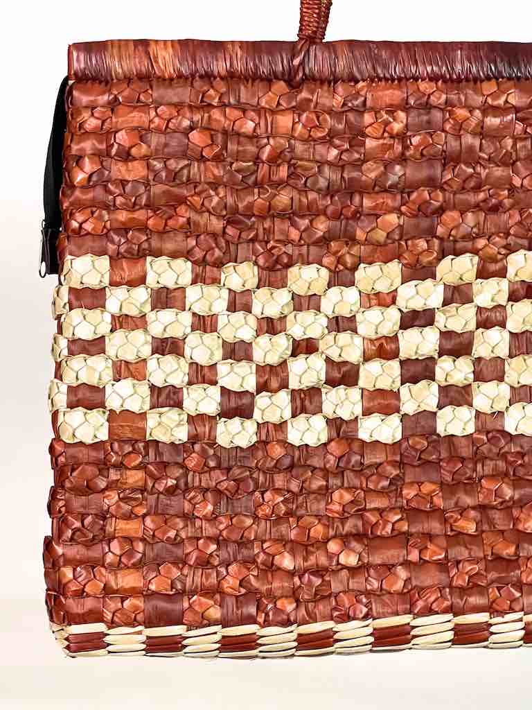Handwoven Pandan Straw Handbag with Zipper Closure - Rust Color
