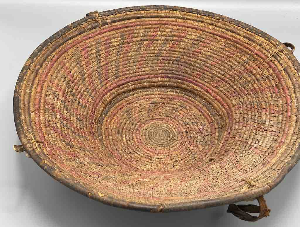 Vintage Large African Harari Leather-trimmed Bowl Basket - Ethiopia