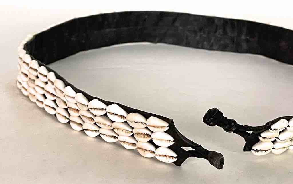 African Cultural Wide Real Cowrie Shell-Black Leather Ball & Loop Closure Belt