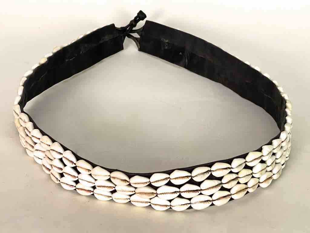 African Cultural Wide Real Cowrie Shell-Leather Black Ball & Loop Closure Belt